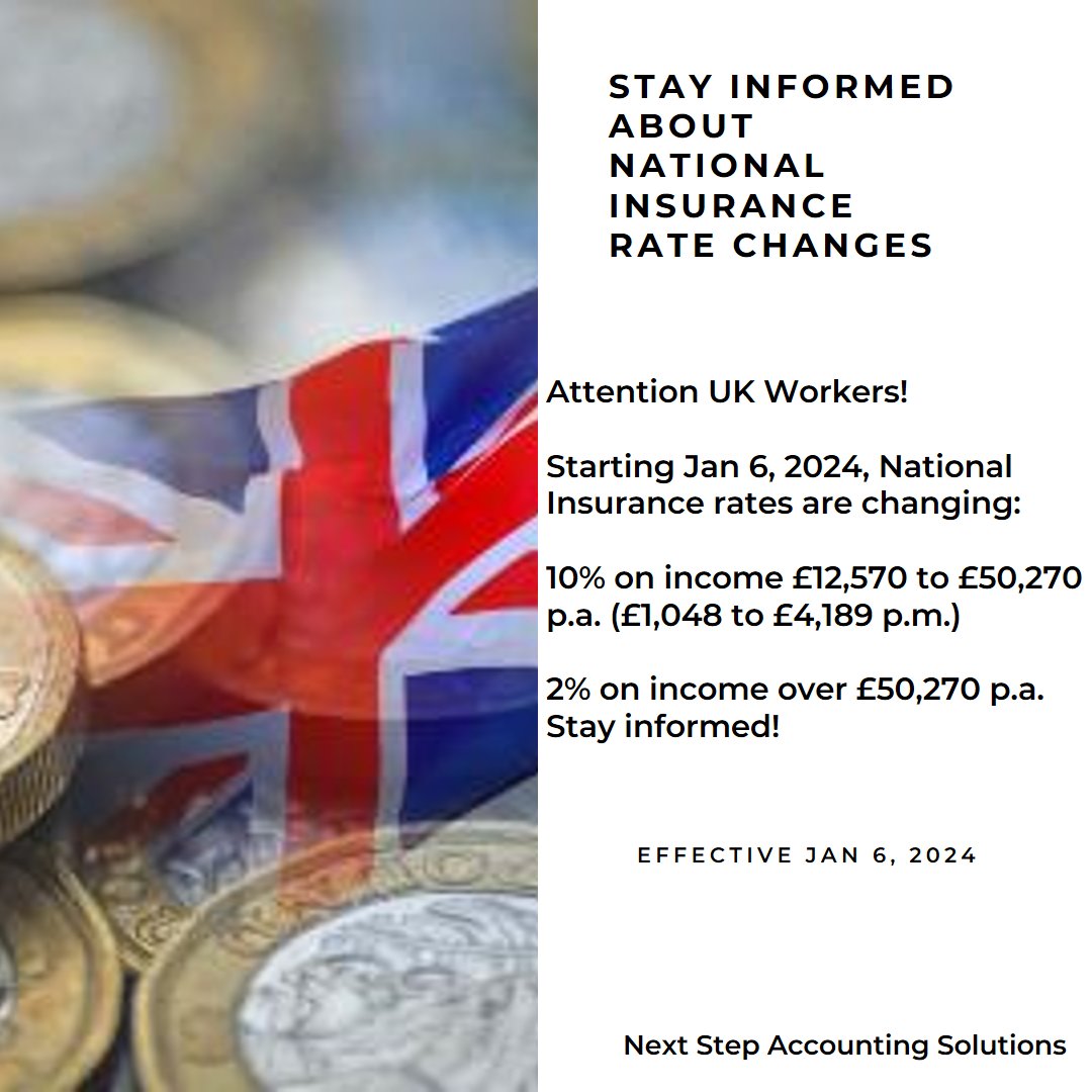 ns_acca_kps's tweet photo. 💼Stay informed! 💰✨
#UKTaxUpdates #NationalInsurance #FinanceNews #UKWorkers #MoneyMatters #nextstep #accounting #hmrc #vat #bookkeeping https://t.co/qXBRD2UVz6