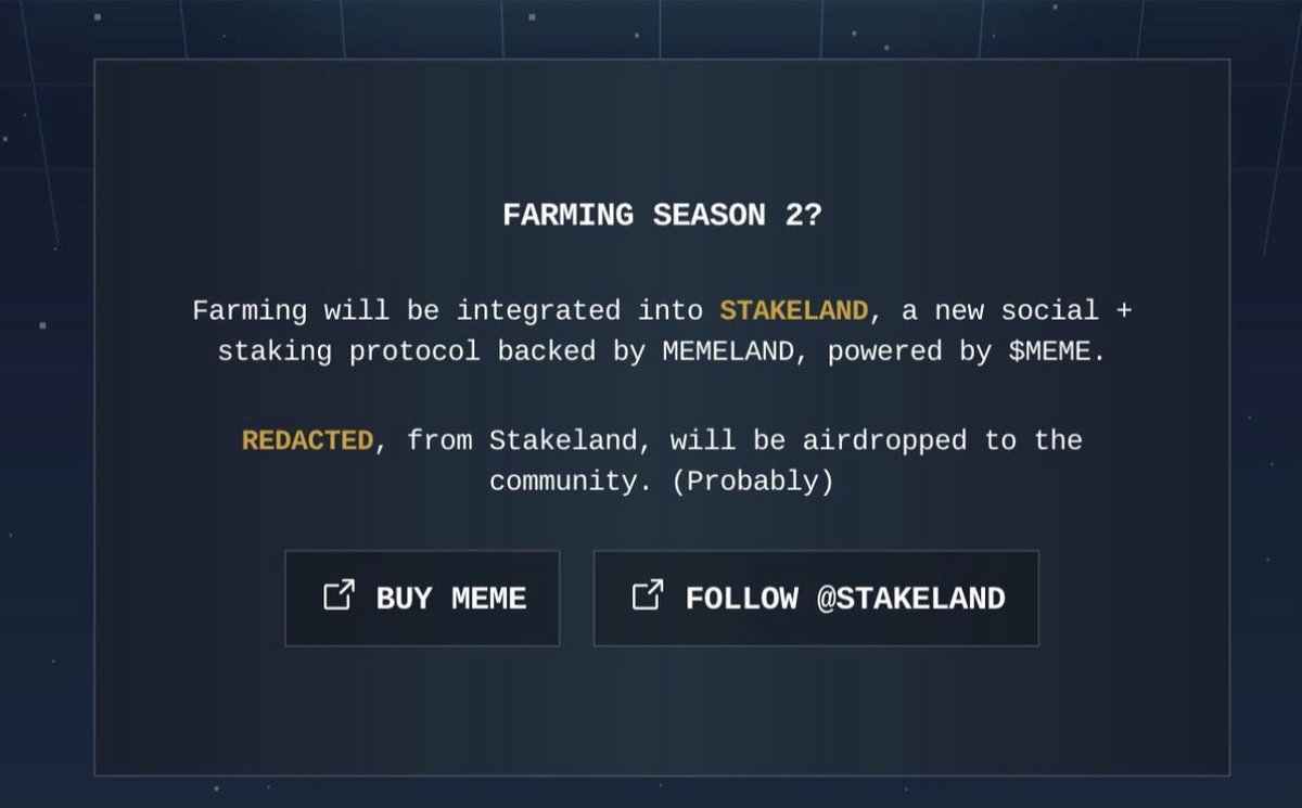 PBNstreams's tweet photo. FARMING SEASON 2 👀🧑‍🌾🏴‍☠️

MEME farming will be integrated with Stakeland. - a new social + staking protocol 

⚡️POWERED BY $MEME ⚡️ https://t.co/UeSugARzZB