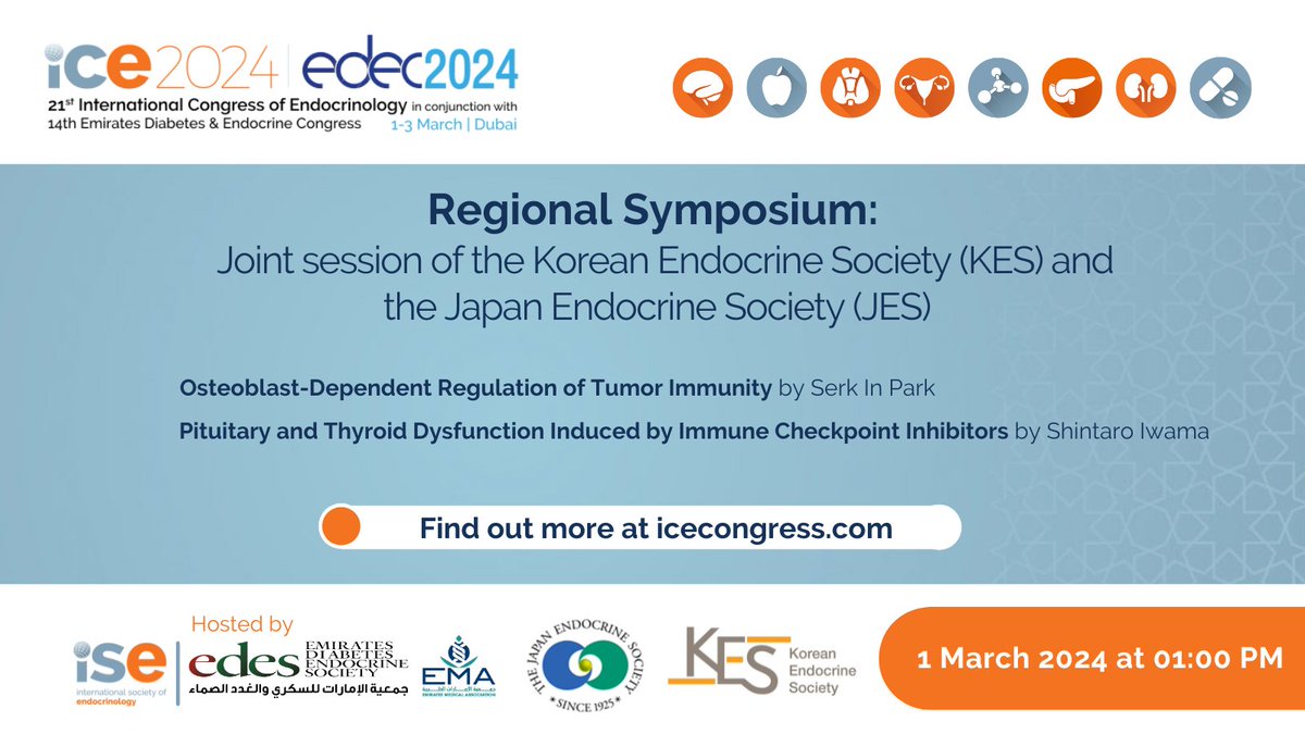 isendo's tweet photo. Discover #ICE2024 Endocrinology Insights with the Korean and Japan Endocrine Societies!

Featured Speakers:
1️⃣ Dr. Serk In Park: "Tumor Immunity"
2️⃣ Dr. Shintaro Iwama: "Immune Checkpoint Inhibitors"

Learn more 👉 https://t.co/XhRI3mZe02 

#ThyroidDysfunction #EndocrineResearch https://t.co/iDEj1zSrT4