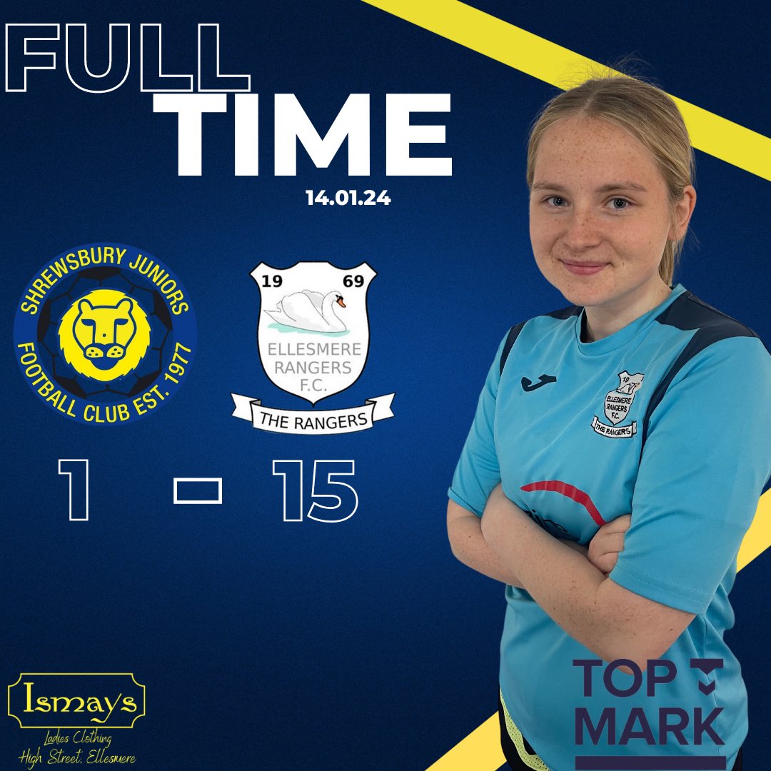 🟡FULL TIME🟡

Shrewsbury Juniors 1 - 15 Ellesmere Rangers 
Another unbelievable performance by the Ladies today. As they returned to league action on the back of last weeks cup win. Great to see so many different goalscorers. Unreal shift from the ladies, we go again💙