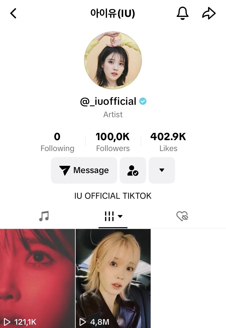 jieunchart's tweet photo. .@_IUofficial has surpassed 100,000 followers and 400,000 total likes on her official TikTok account.

🔗 https://t.co/0uCM9GJznr

#아이유 #IU
#Love_wins https://t.co/XPxApirW2D