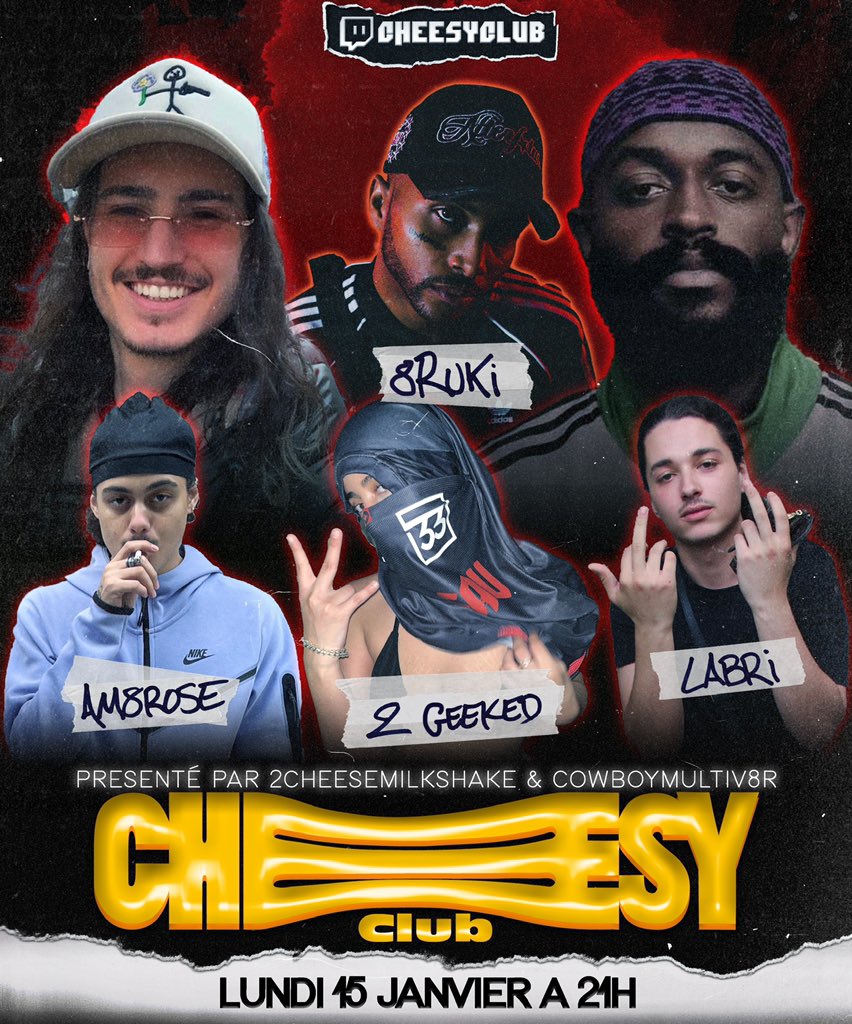Rendez-vous demain soir, à partir de 21h pour le CHEESY CLUB 5 🧀🥤

A l’occasion de la sortie du projet « POURquoi!! » retrouvez <a href="/Ruki88_8/">8ruki</a> , @withdatool , <a href="/Mayungos18/">Mayungos</a> <a href="/am8rose/">8S33TNDO</a> &amp; <a href="/labri_tndo/">LABRIK$!🧱👺</a> en live sur 

Twitch.tv/CheesyClub/ 🎯