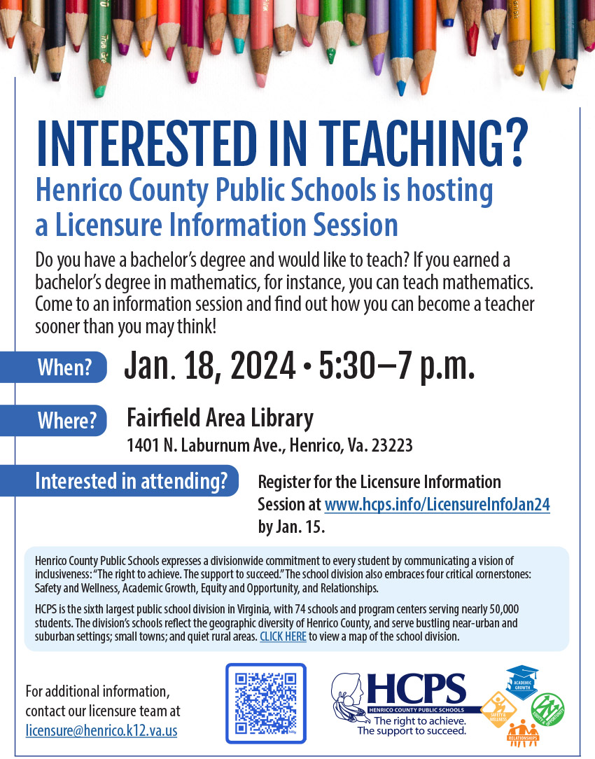 REGISTRATION DEADLINE -- don't miss out! Have a bachelor’s degree and want to teach? HCPS is hosting a Licensure Information Session! You can become a teacher sooner than you think. Jan. 18 from 5:30-7 p.m. at Fairfield Area Library. Register by Jan. 15 at hcps.info/LicensureInfoJ…