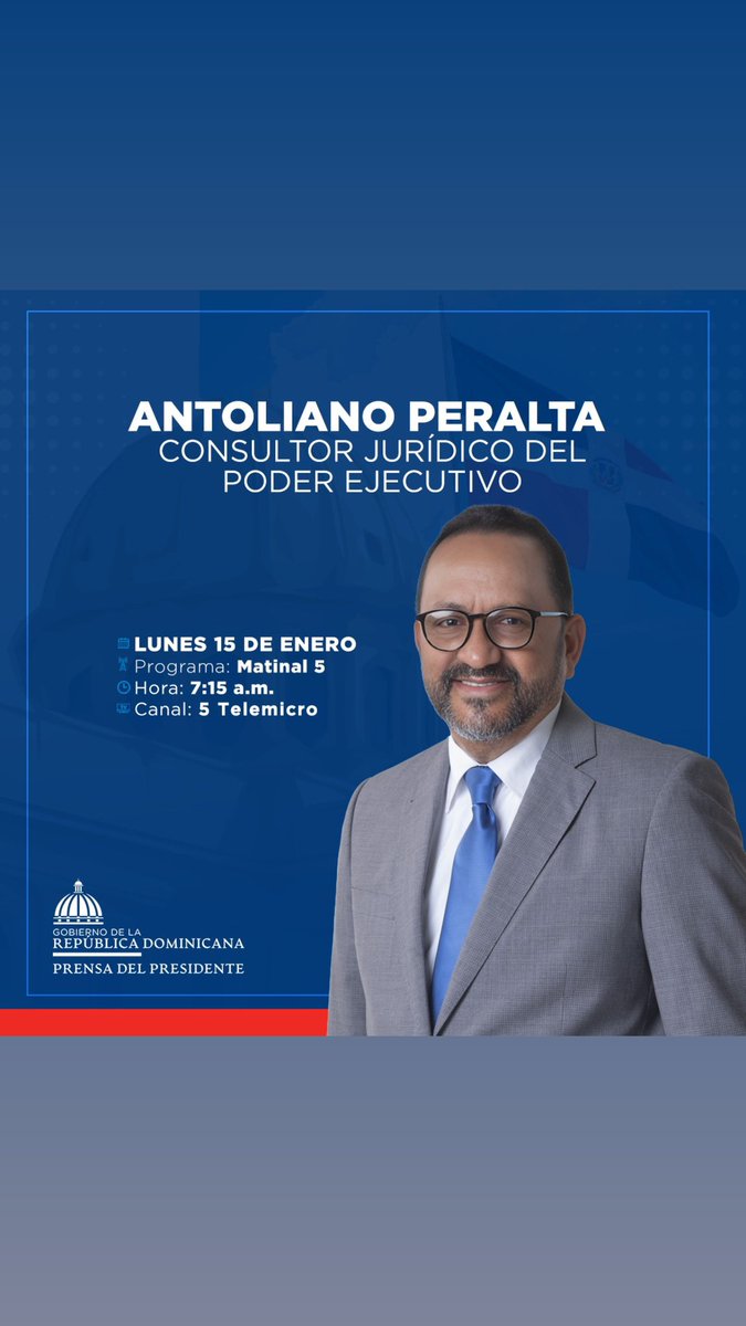 Este lunes 15 de enero a las 7:15 a.m. no te pierdas la entrevista del consultor jurídico del poder ejecutivo @AntolianoPR , el programa @Matinal5 por el canal @TelemicroHD #EstamosCambiando #ElGobiernodelCambio #EstoEsCambio #RDavanza🇩🇴 ¡Acompáñanos!