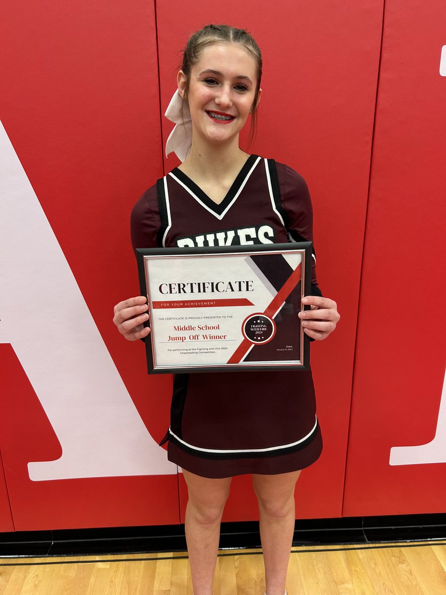 Congrats to the Junior high cheer squad for earning 1st place at the Fighting with Fire Cheer competition held at Firelands today! Annaliese Kinter also took top honors in the jump off!