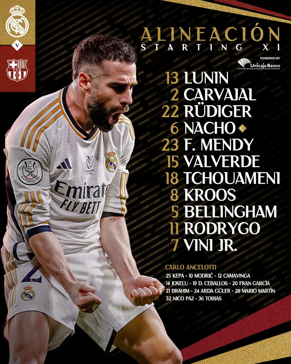 realmadrid's tweet photo. 📋✅ ¡Nuestro 𝗫𝗜 inicial para la FINAL!
🆚 @FCBarcelona_es 
@UnicajaBanco | #superSupercopa https://t.co/KfQeGp6Gmk
