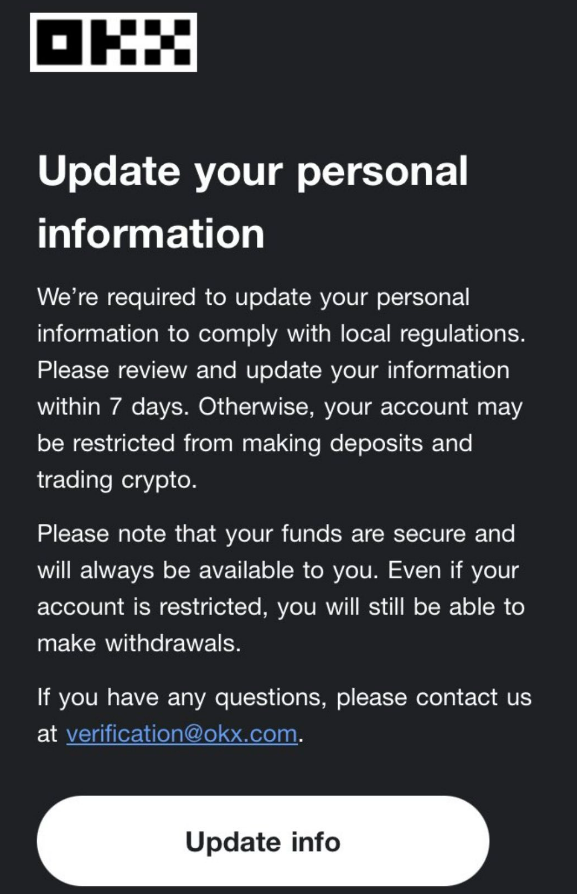 🚨URGENT🚨

🎉 #OKX Exchange has requested Indian users to update their personal information within 7 days for compliance 🇮🇳, or they may face account restrictions.

At least one exchange has emerged which has started the process of registration in India.