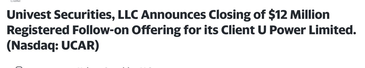 GoldmanSpacs_'s tweet photo. $UCAR only reports their financials annually so we won't have that report until about April. They raised $12 million in their last offering which was priced at 1.20 so just from that offering they have more cash than their current 9m market cap. Dilution tracker which is usually the most accurate source, says they have about $25 Mil cash which would put their value at .35 cash/share. They raised $26.5 from their two offerings, one from December 2023 for $12mil and one from April 23 for $14.5mil -

 It would make sense that they have about $25mil in cash or .35 cash/share due to them only burning $.41Mil cash/quarter (source dilution tracker), Again this would mean UCAR has about 4x cash than their current market cap of $9mil

Combine this with the entire float being traded after hours on Friday, and I think there is a solid chance of continuation Tuesday morning