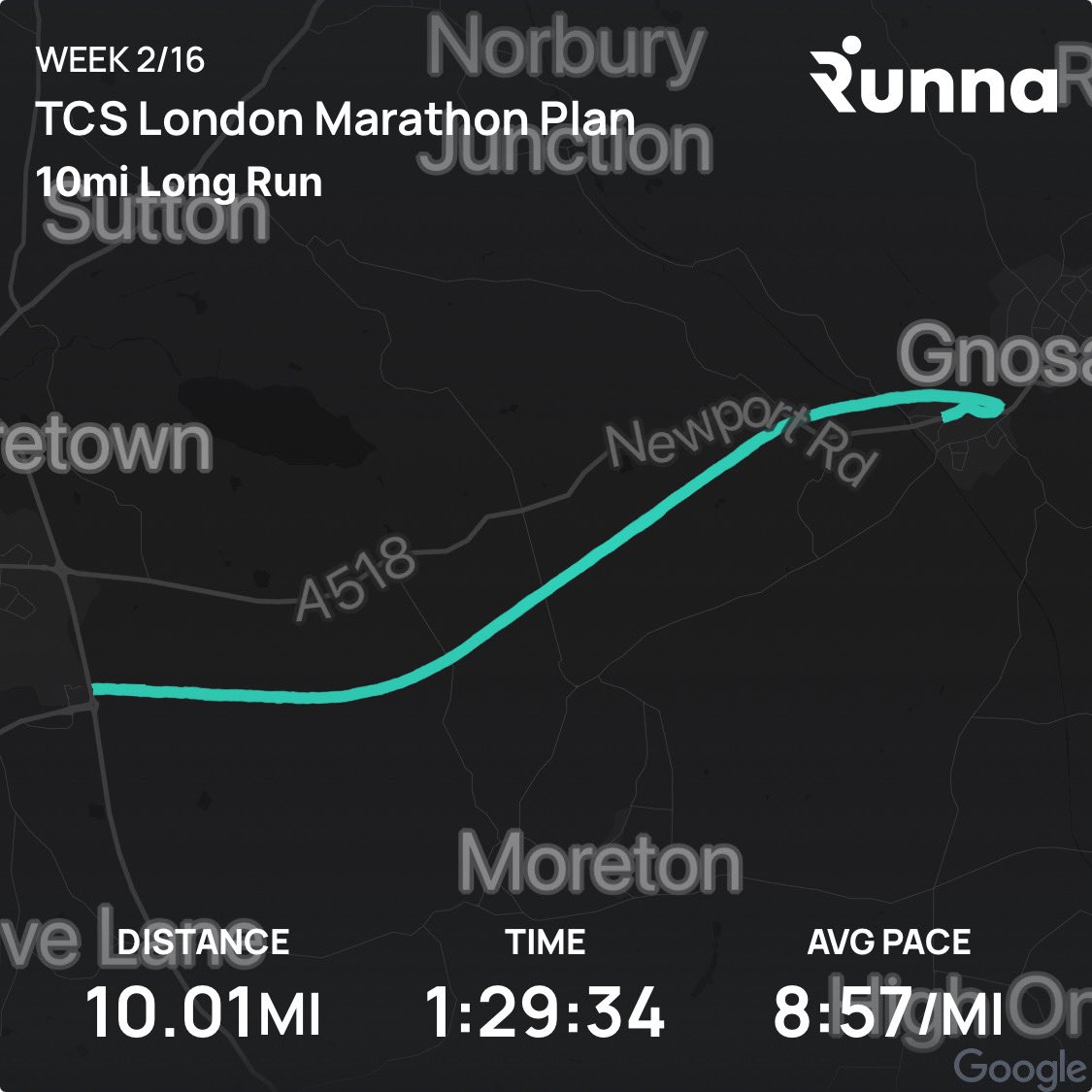 Nice 10mile session done today with some 1k efforts thrown in. Week 2 of <a href="/LondonMarathon/">TCS London Marathon</a> training ticked off ✅