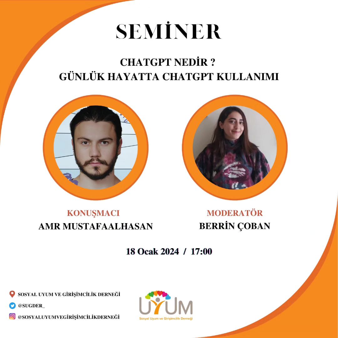 Sevgili takipçilerimiz, 18 Ocak Perşembe günü saat 17:00'de derneğimiz üyesi  Amr Mustafaalhasan'ın "Chatgbt Nedir? Günlük Hayatta Chatgpt'nin Kullanımı" başlıklı sunumunu dinleyeceğiz. Dernek üyemiz Berrin Çoban moderatörlüğünde gerçekleşecek seminere, hepinizi bekliyoruz!