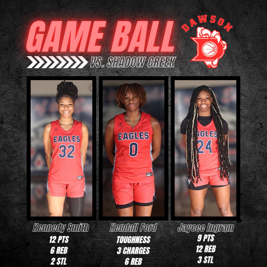 HoopsDawson's tweet image. On Friday, your Lady Eagles left it all on the court (literally). Check out our top performers from the win. Kennedy Smith, Jaycee Ingram, &amp;amp; Kendall Ford each played their part! Way to go ladies! 💪🏾😇🦅🏀 #YourPart @DawsonHighSchl @AthlPearlandisd @TedDunnam @drdavis111
