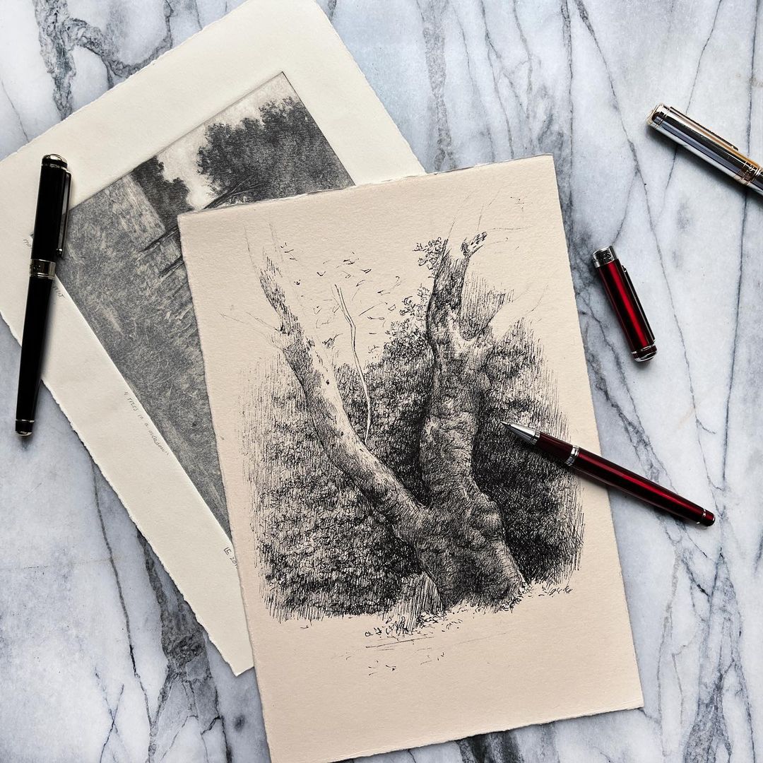 scriveiner's tweet photo. 🖊️Rollerball pens have liquid-based ink, similar to the ink used in fountain pens.

The fluidity of ink makes fine writing and produces vivid and dynamic lines-perfect for daily writing and drawings.

#landscapedrawing by the masterful @LuisColanArt 

#rollerballpen #inkdrawing https://t.co/6v1gzRZW8k
