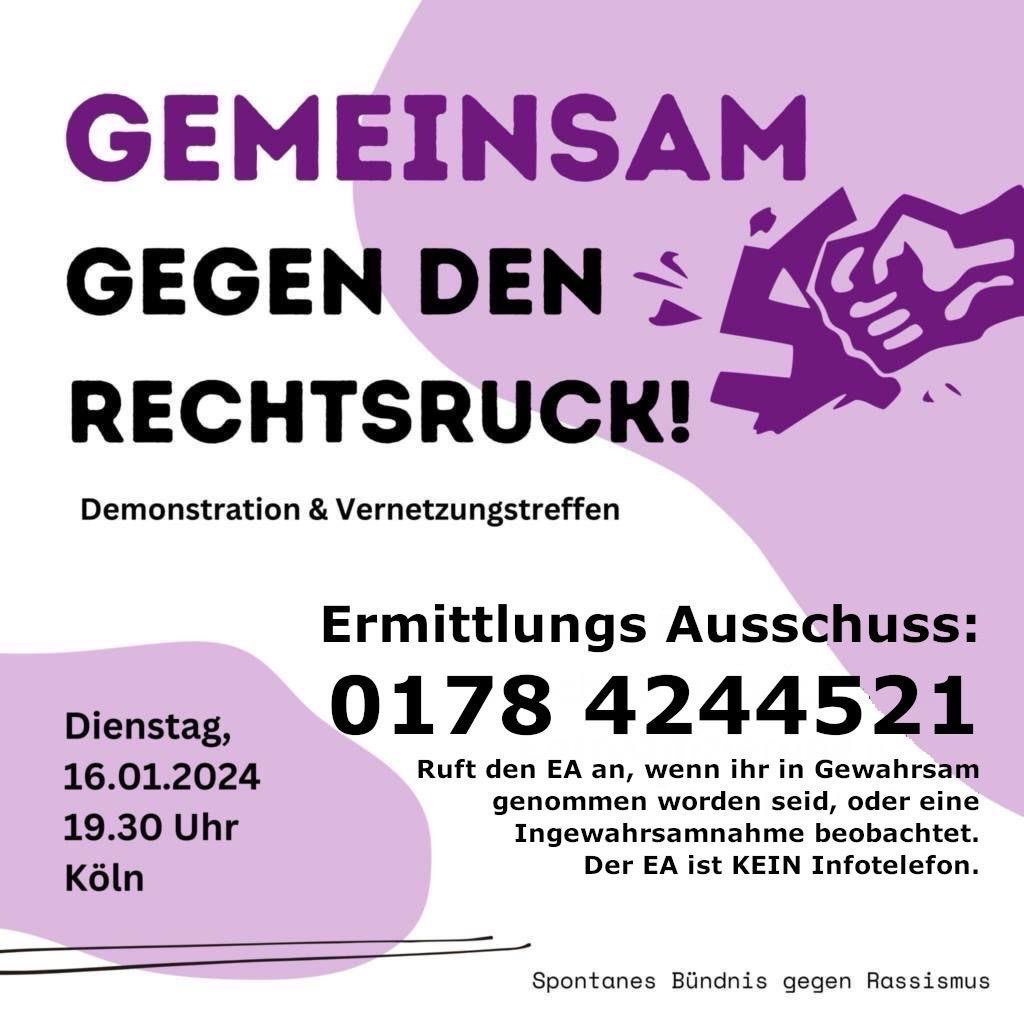 Gemeinsam gegen den Rechtsruck!

Ermittlungsausschuss (EA Köln): Am Dienstag erreicht ihr den EA Köln unter 0178-4244521. Ruft den EA an, wenn ihr in Gewahrsam genommen worden seid oder eine Ingewahrsamnahme beobachtet. Der EA ist KEIN Infotelefon.

#solidarität #repression