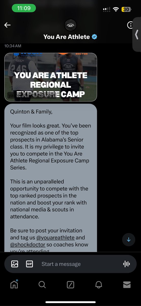 #AGTG Blessed to receive an invitation to the <a href="/youareathlete/">You Are Athlete</a> camp. <a href="/recruitmeu/">Recruit Me University</a> <a href="/HallTechSports1/">Hall-Tech Sports</a> <a href="/helmet2helmt251/">Helmet2Helmet251</a> <a href="/JeffFord38/">Jeff Ford</a> <a href="/GoSaraland/">Spartan Football</a> <a href="/DownSouthFb1/">Down South</a> <a href="/One11Recruiting/">One11 Recruiting</a> <a href="/AL6AFootball/">Alabama6AFootball</a>