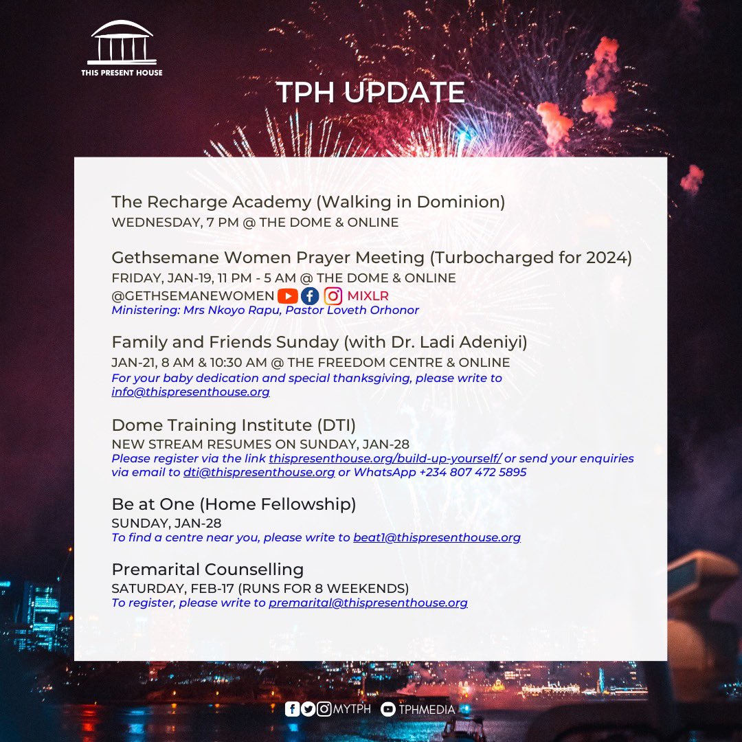 MyTPH's tweet photo. In this victorious 2024, we are excited about upcoming events at This Present House, as we align with God for all He’s poised to do through us. Save the dates below and share in the comments, what you’re looking forward to! 😃
#myTPH
#TPHUpdate https://t.co/X4UT8cur0s