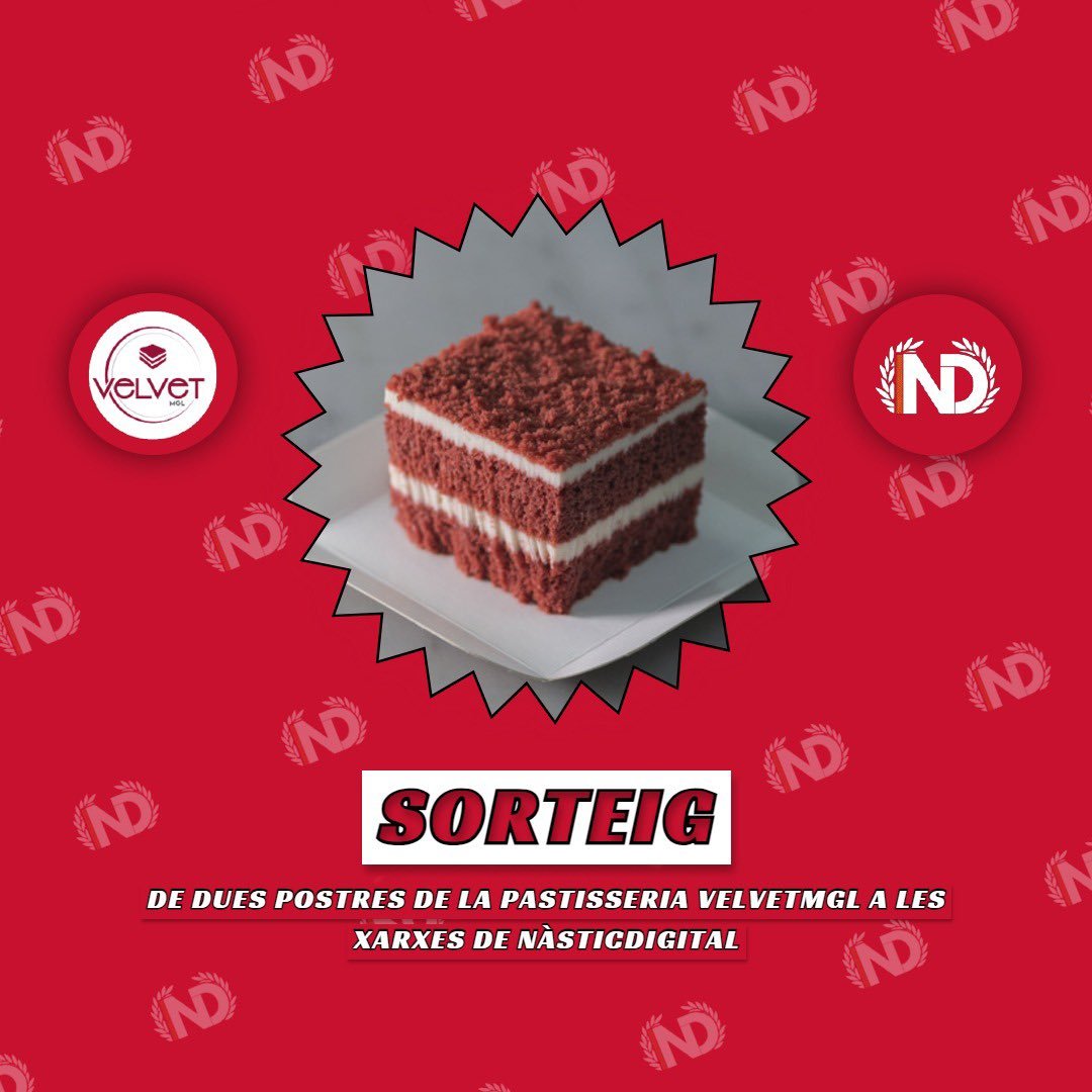 nasticdigital's tweet photo. 🍰 Celebrem la victòria del Nàstic davant el Celta Fortuna amb el 𝐬𝐨𝐫𝐭𝐞𝐢𝐠 𝐝𝐞 𝐝𝐮𝐞𝐬 𝐩𝐨𝐬𝐭𝐫𝐞𝐬 de la pastisseria #VelvetMGL! 

Per participar:
1️⃣ 𝐒𝐞𝐠𝐮𝐞𝐢𝐱 el compte de @nasticdigital
2⃣ Fes 𝐑𝐓 a aquest tuit
3⃣ Fes 𝐦❜𝐚𝐠𝐫𝐚𝐝𝐚 a aquest tuit https://t.co/vrnzx7XimF