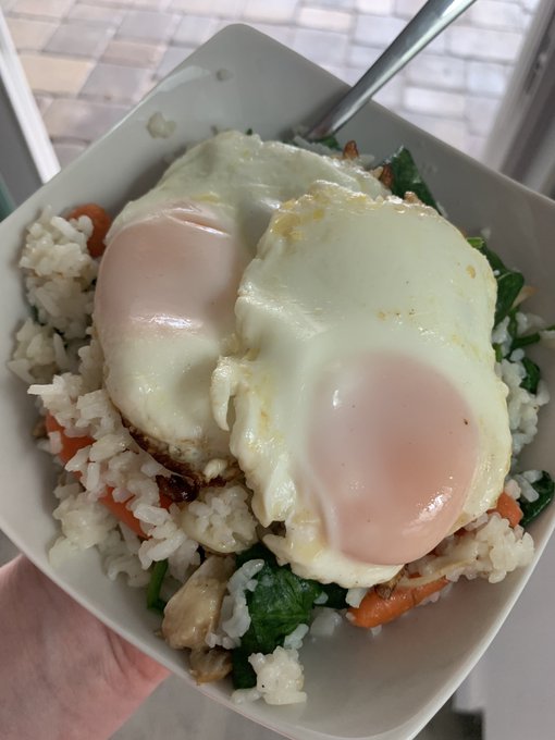 Breakfast today.   Leftover garlic tallow chicken with jasmine rice, carrots, wilted spinach and 2 eggs<a href="/tag/mvsales"class="tags"><span>#mvsales</span></a>