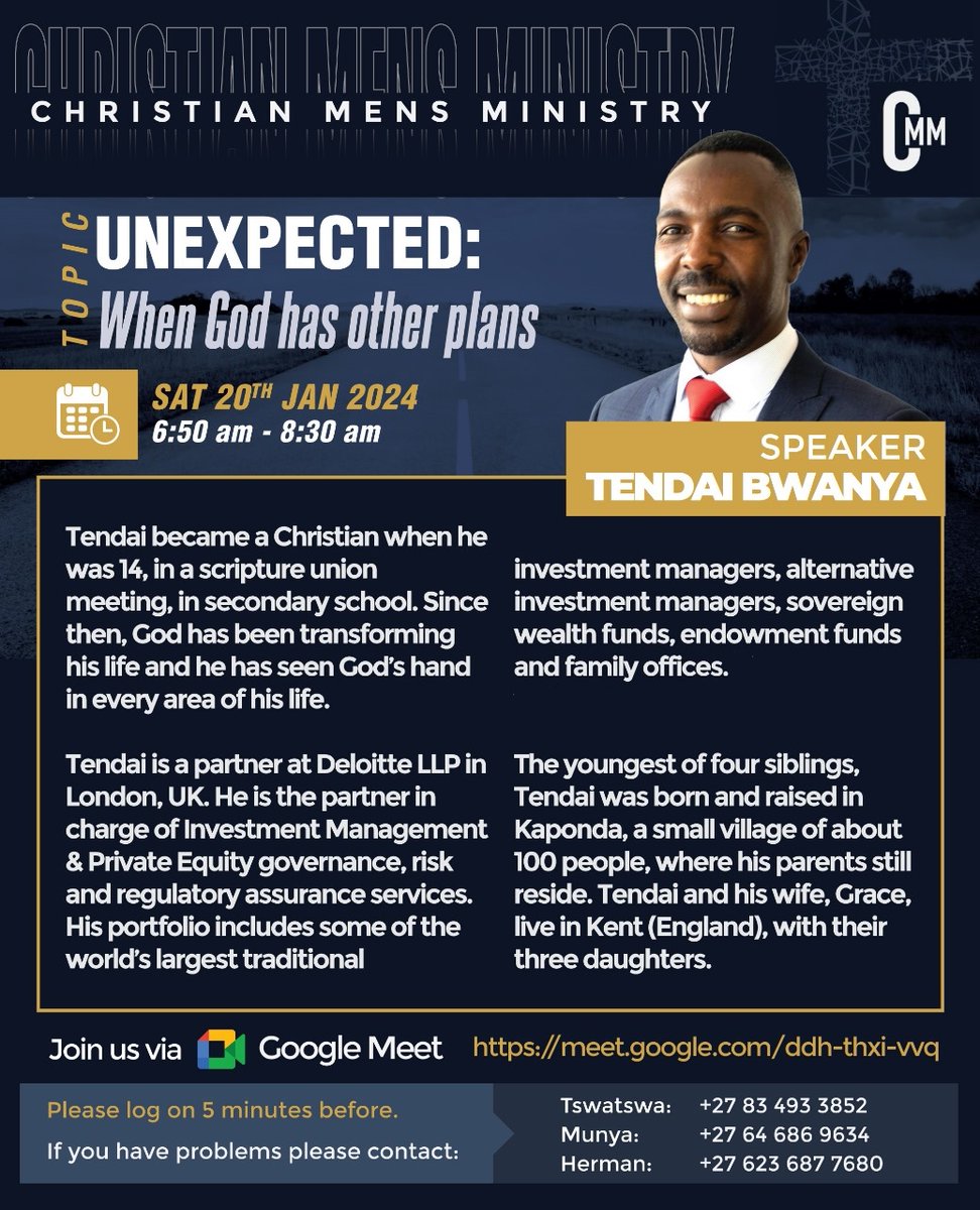 christ_mens_min's tweet photo. 🌟 Exciting start to 2024! Join us for the first Christian Men's Ministry talk of the year with Tendai Bwanya!  

🗓️ 20/01/2024 
📍https://t.co/MI5zKl8cnX

🙏 Topic: "UNEXPECTED: When God Has Other Plans." 

Let's navigate life's twists together. https://t.co/uhEiKcdZdb