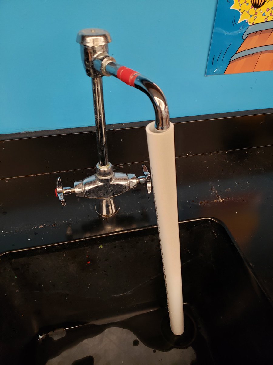 wnchem's tweet photo. Science dept preparations for low temps in Central Ohio...  cabinets on exterior walls are opened and steady stream of water coming from each faucet.  I cut these pvc pipes to channel the water directly into the drain.  #BehindTheScenes #WNHSscience https://t.co/3Ogr04VVDP