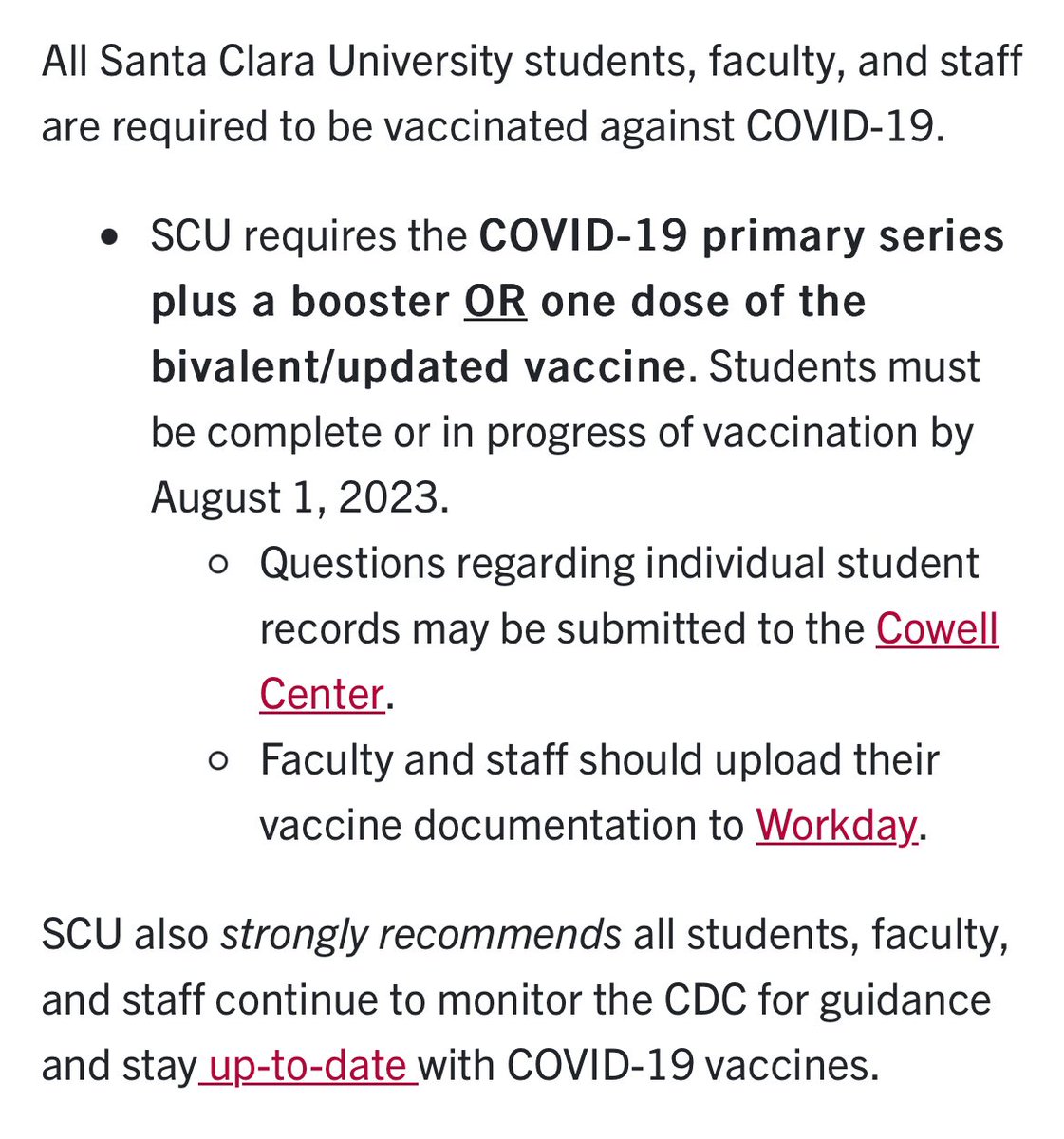 NCM4Ever's tweet photo. For students to attend @SantaClaraUniv they must comply with this C19 vaccine policy. If students took the primary series, they must get an updated vaccine. If they took no vaccines, they must take one. There is no safety or efficacy data to support any of this. https://t.co/gvzuEKR71C