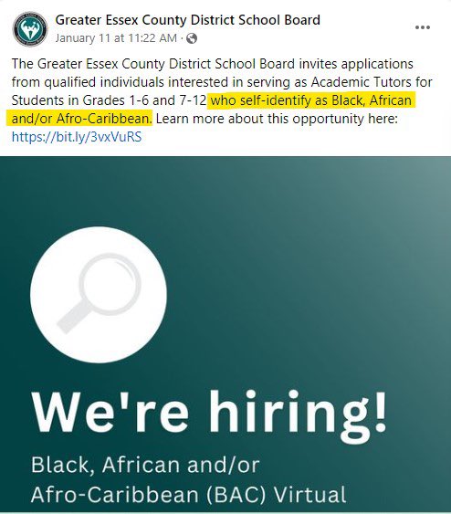 ChanLPfa's tweet photo. In another display of “Anti-Racism,” this Ontario school board is seeking to hire tutors to work exclusively with black students.

Candidate can be terrible at working with students other races, as those f**!!$/ will be paying their own d*{^% way, make no mistake. https://t.co/B5sjU0tY4n