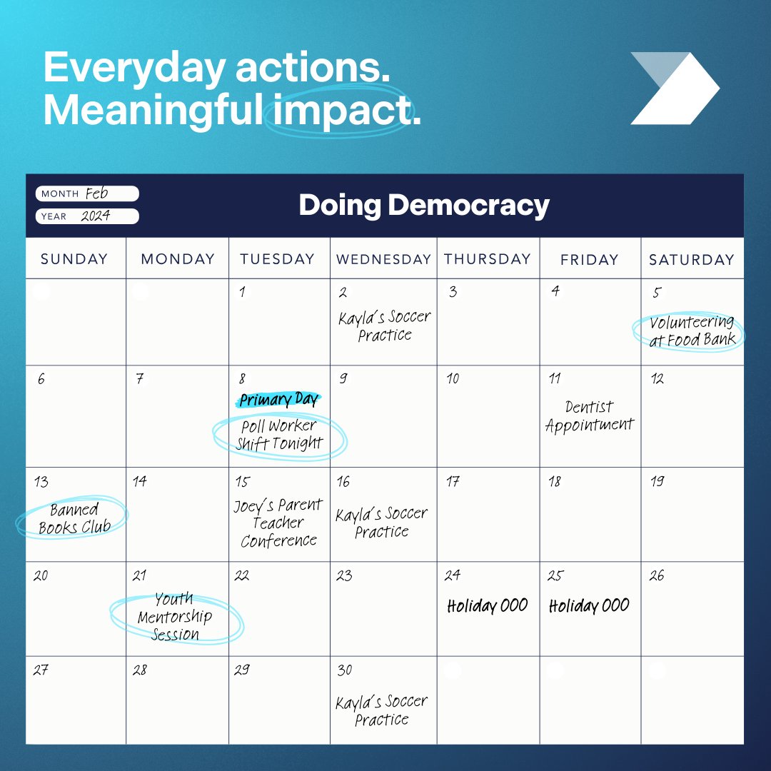 DemocracyFwd's tweet photo. We know that #DoingDemocracy doesn’t just mean voting in elections. In fact, each of us can incorporate frequent, doable actions into our routines to make a real difference.
Let us know what actions you intend on doing this year to fight for democracy 👇 https://t.co/WJxo7kTHmG