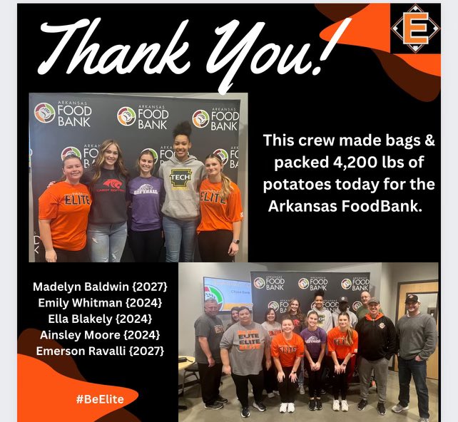 Thanks to Madelyn Baldwin (2027) & some of her Tulsa sisters and families for volunteering at the Arkansas Food Bank yesterday! Y’all are making a difference in our communities!!! 🧡 @madelynbbaldwin @TulsaEliteSB