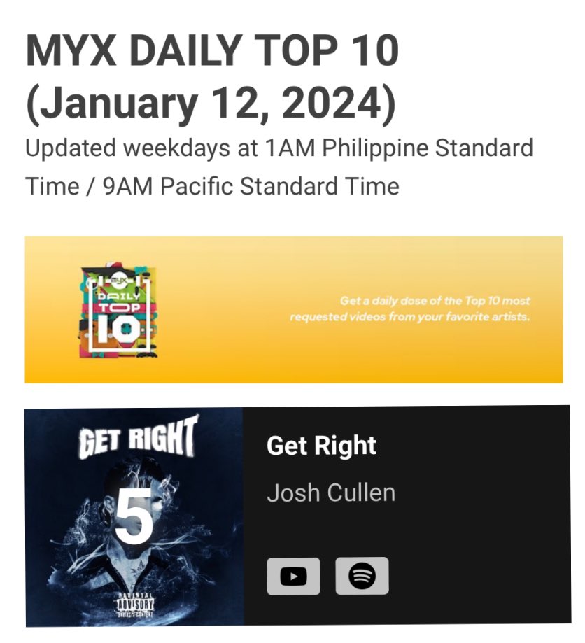 Still high from WMA2024 but the good news ain’t over as #GETRIGHT debuts on MYX DAILY TOP10 sitting rightfully on the 5th spot! BBQs and ATIN, keep voting for GET RIGHT and let’s aim for a higher spot! 

🔗 myx.global/vote/

<a href="/JoshCullen_s/">JOSH CULLEN</a> #JOSHCULLEN