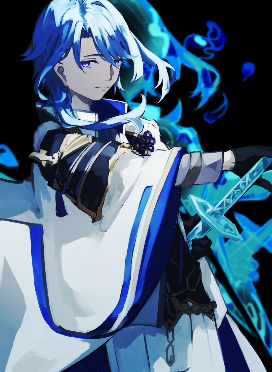 kamisato ayato 1boy weapon male focus sword blue hair solo gloves  illustration images