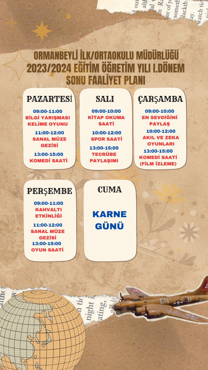 📌Ormanbeyli İlk/Ortaokul Müdürlüğü  "I.Dönem Sonu Faaliyet Planı” 

📌Öğrencilerimizle keyifli, eğlenceli ,öğretici bir haftaya hazırız.🎨🎬🏅 🎼

<a href="/tcmeb/">Millî Eğitim Bakanlığı</a>  <a href="/Yusuf__Tekin/">Yusuf Tekin</a> <a href="/tokatmem/">Tokat İl Milli Eğitim Müdürlüğü</a> <a href="/HuseyinKir64/">Hüseyin Kır</a>