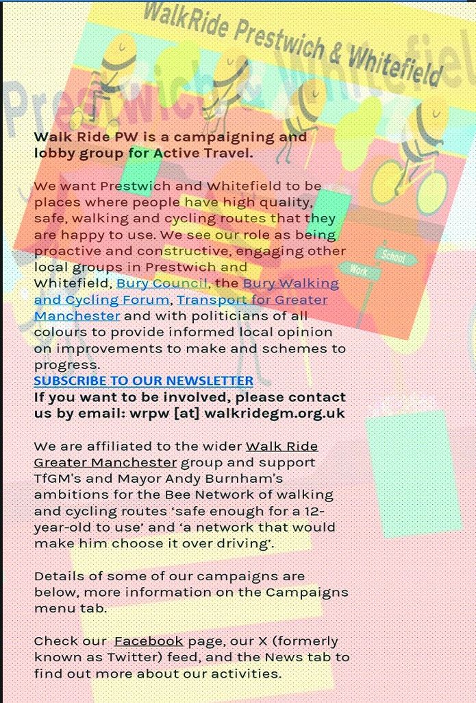 Walk Ride Prestwich & Whitefield's first open meeting of 2024. Tuesday 16 January 6.30 - 8.20pm at The Cottage (behind Our Lady of Grace), Highfield Road, Prestwich. Come along if you, even if you can only make it for 10 minutes, if would like to get involved in WRPW.