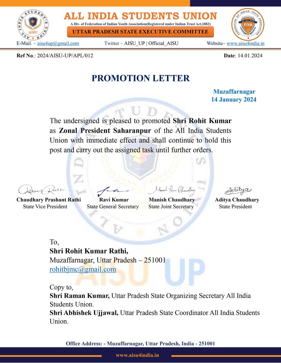 Shri <a href="/BjmcRohit/">rohit kumar</a> promoted as Zonal President Saharanpur of @AISU_UP . Best wishes from <a href="/Official_AISU/">All India Student's Union ( AISU )</a> ! We have full confidence in your ability to amplify issues and make a meaningful impact. #JoinAISU