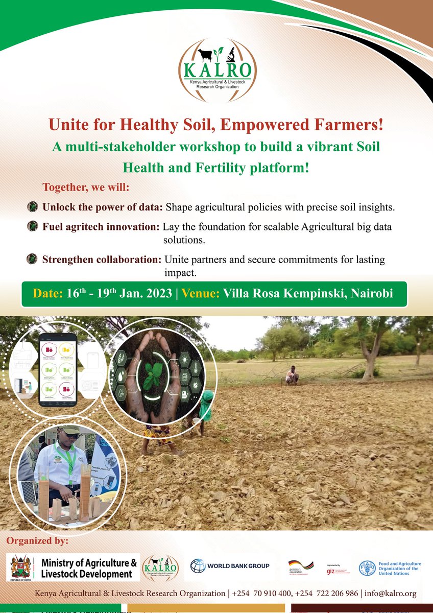 KALRO and partners will be holding a hybrid workshop on 16th - 19th January 2024 to support a roadmap for the development of soil fertility and soil health platform to inform Kenya's Agricultural policies and delivery of services <a href="/WorldBank/">World Bank</a> <a href="/giz_gmbh/">GIZ</a> @kilimoKE <a href="/FAO/">Food and Agriculture Organization</a>