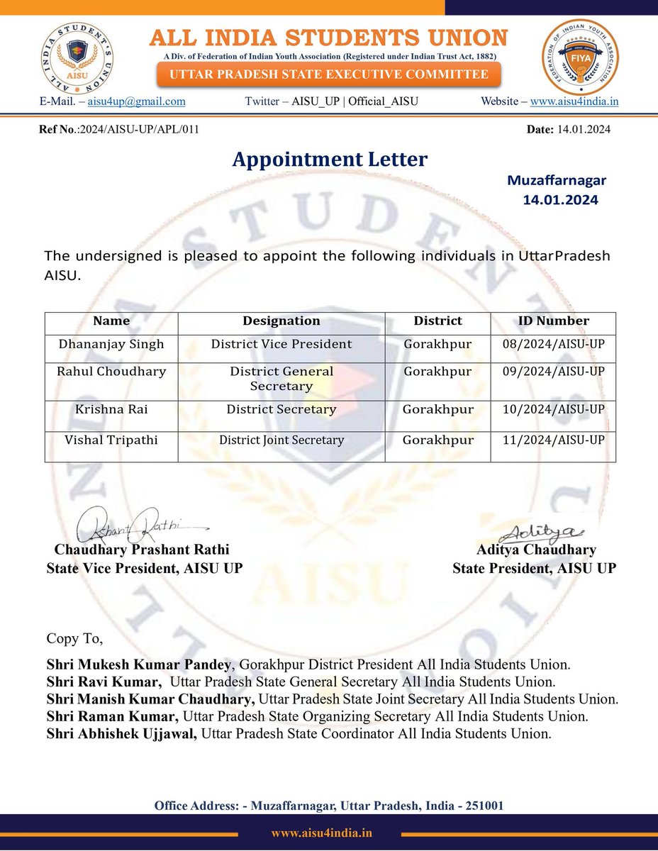 chprashantrathi's tweet photo. The State Executive Committee of @AISU_UP has appointed the following individuals in Uttar Pradesh AISU #JoinAISU #aisu4india https://t.co/bdQrWYu4Y5