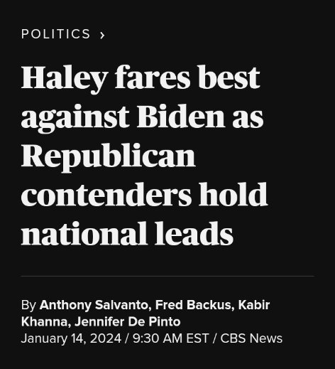 VirginiaLadyToo's tweet photo. @NikkiHaleyFan02 I'll bet you're glad to see this headline from @CBSNews today:

"Haley fares best against Biden as Republican contenders hold national leads"

H/t Anthony Salvanto, Fred Backus, Kabir Khanna, Jennifer De Pinto

https://t.co/MpkWZR4B3W https://t.co/m9GKX5z1pd