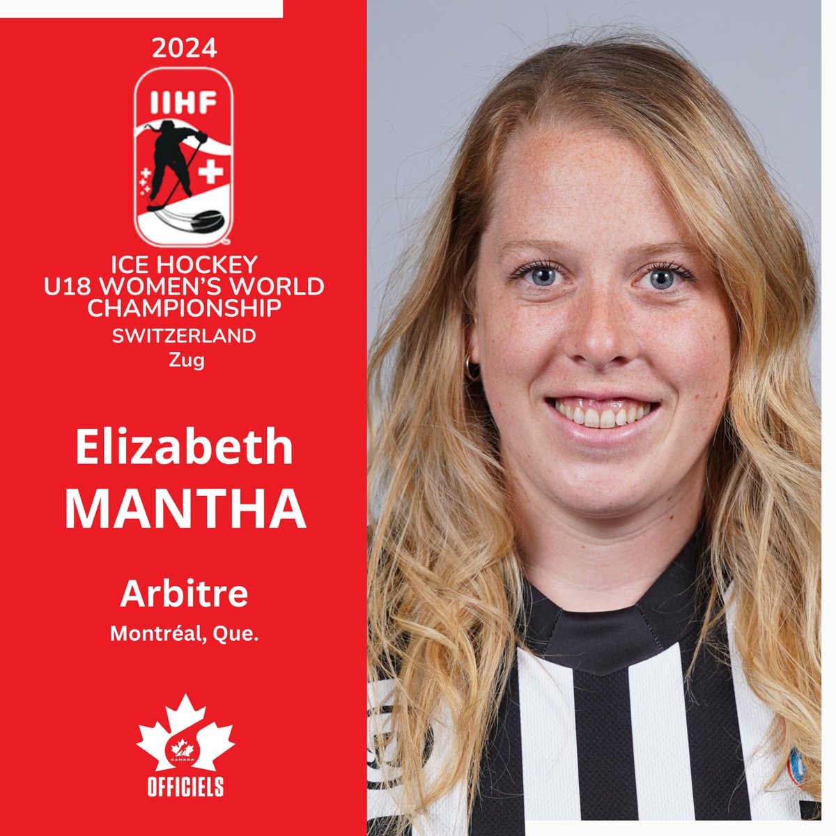 🥇 Congratulations to Elizabeth Mantha, who is refereeing today’s gold medal game between the USA and Czechia!

🥇Félicitations à Elizabeth Mantha, qui arbitre le finale d’or entre les États-Unis et la Tchécoslovaquie !
