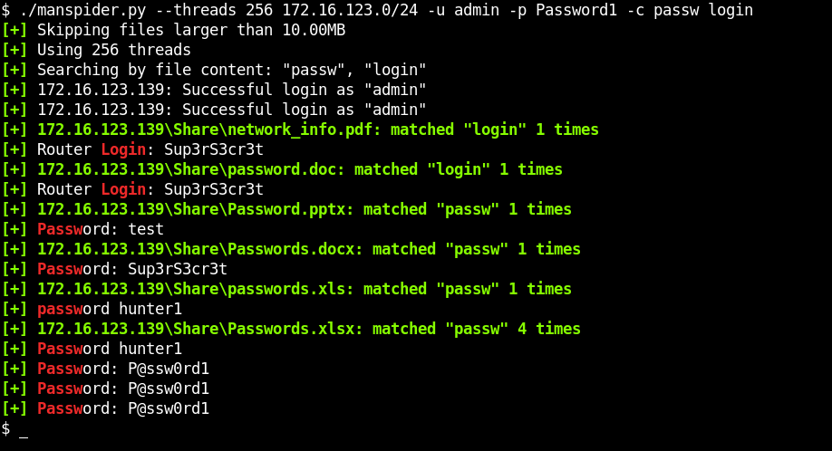 Crawl every SMB shares on every target system for juicy information with MANSPIDER! 

File types supported:
✅ PDF
✅ DOCX
✅ XLSX
✅ PPTX
✅ any text-based format
✅ and many more!

Install today 👇

github.com/blacklanternse…