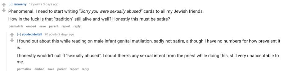 a hater posted an edited lefty version of my last comic (i.e. wall of text) to reddit and inadvertently red-pilled their community about ritualized child abuse in judaism lol 🙈