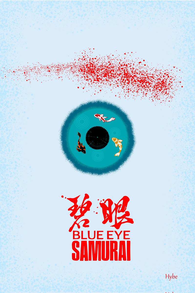 A Kabuto (a Japanese samurai hat) falls in a pond of koi fishes, evidence of battle were present in this harsh snowy landscape, as the tagline reads "blue eye samurai".

I am delighted to unveil my concept poster for the animated series #BlueEyeSamurai .