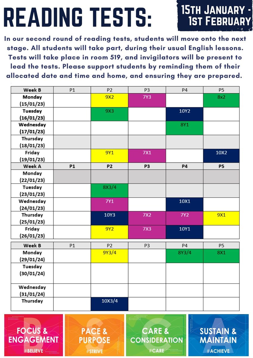 Parents and Carers - please support the upcoming reading tests by ensuring your young people are aware of the date for their class, and they have done the preparation given to them by their English teacher. #WEAREBSCA #STRIVE