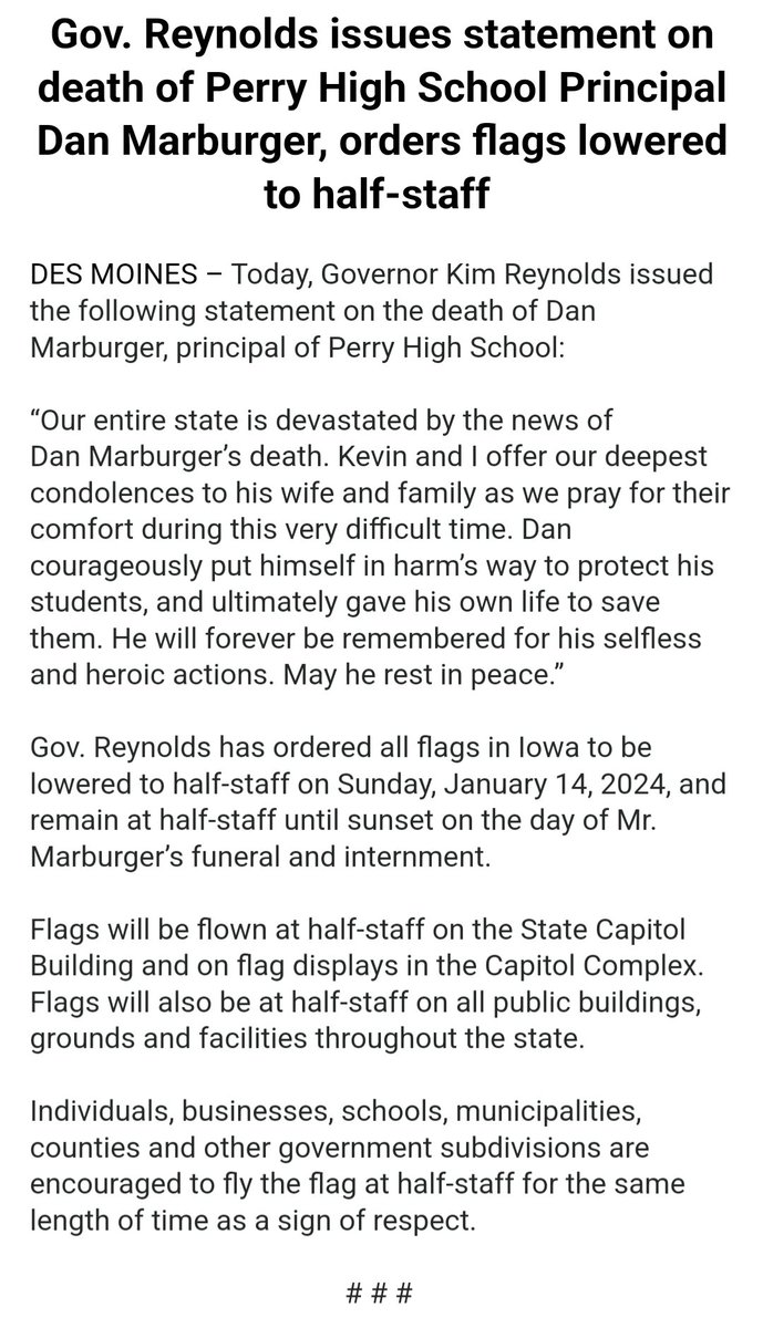 IAStartingLine's tweet photo. Perry High School Principal Dan Marburger has died. Marburger sustained multiple gunshot wounds while trying to protect students and staff during the Jan. 4 shooting at the school.

Gov. Reynolds released the following statement: https://t.co/EtzokWprjo