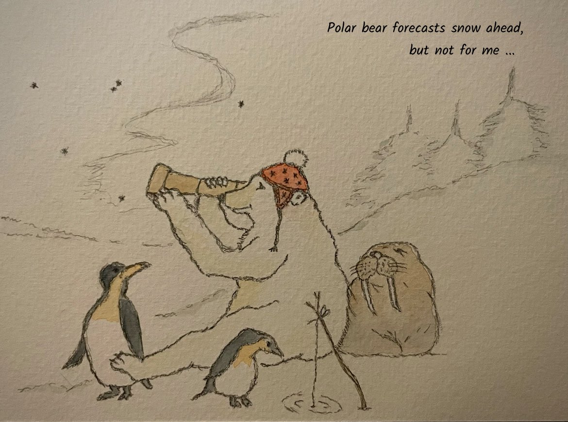 tjd19's tweet photo. Sunday afternoon sketch, my favourite polar creatures, Polar bear reckons there’s snow ahead…but not for me 🐻‍❄️🐧🦭❄️🌌😔 #sketchingpractice #watercolourpractice https://t.co/0rDs1gq1U8