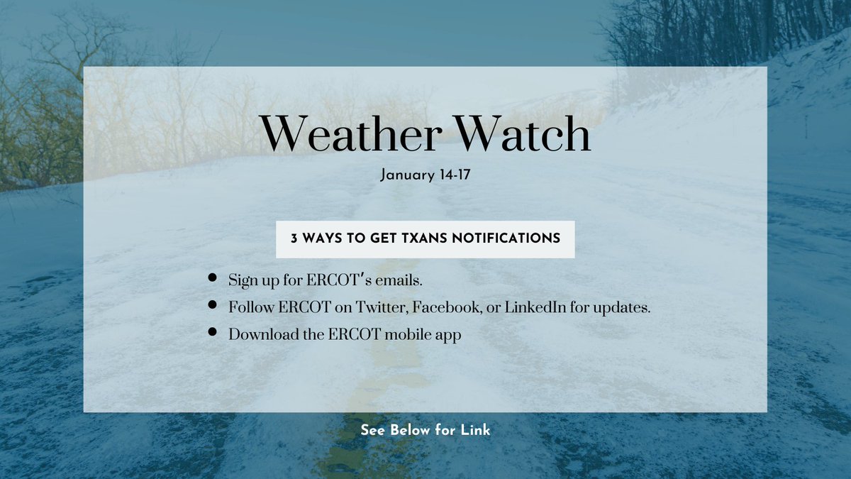 With inclement weather in Texas this week, stay updated on @ERCOT_ISO grid conditions by signing up for the ERCOT Texas Advisory and Notification System (TXANS) ercot.com/txans #txlege #txenergy