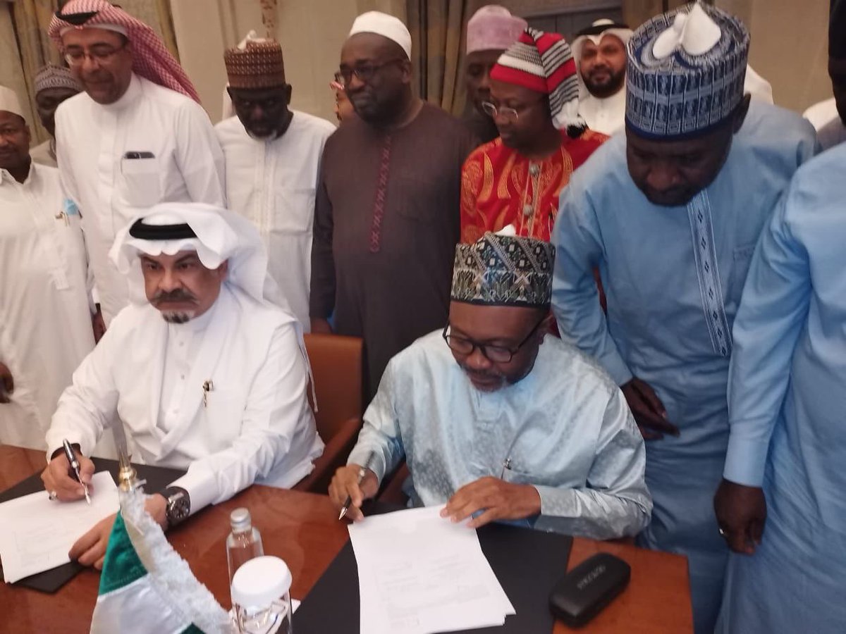 nigeriahajjcom's tweet photo. Picturesque of the signing ceremony between NAHCON and ITHRA KHAIR company at Hilton Hotel &amp; Resort, in presence of the Representatives of the Forum of State Chairmen/Secretaries of Pilgrims Welfare Boards/Agencies/Commissions and AHUON at Makkah, Saudi Arabia, today 14.1.2024. https://t.co/uJMpO3a7kP