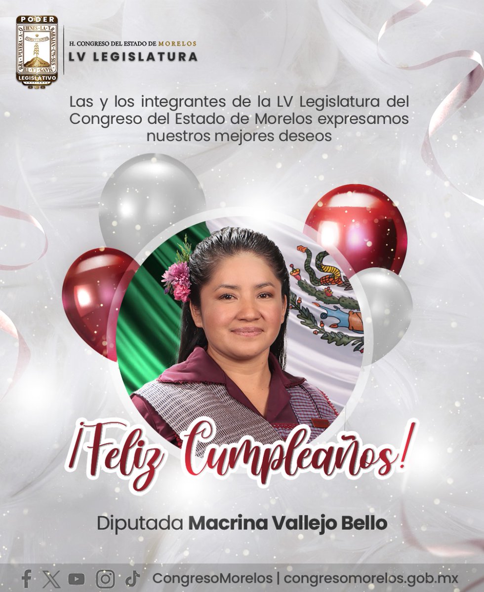 MorelosCongreso's tweet photo. 🎉🥳 ¡Feliz cumpleaños, diputada @MacrinaVallejo!🎈 Los integrantes de la #LVLegislatura del Estado de Morelos te deseamos muchos más éxitos y una excelente salud.

¡Que tu día esté lleno de alegría y celebración! 🎉✨ https://t.co/upJt64Zf25