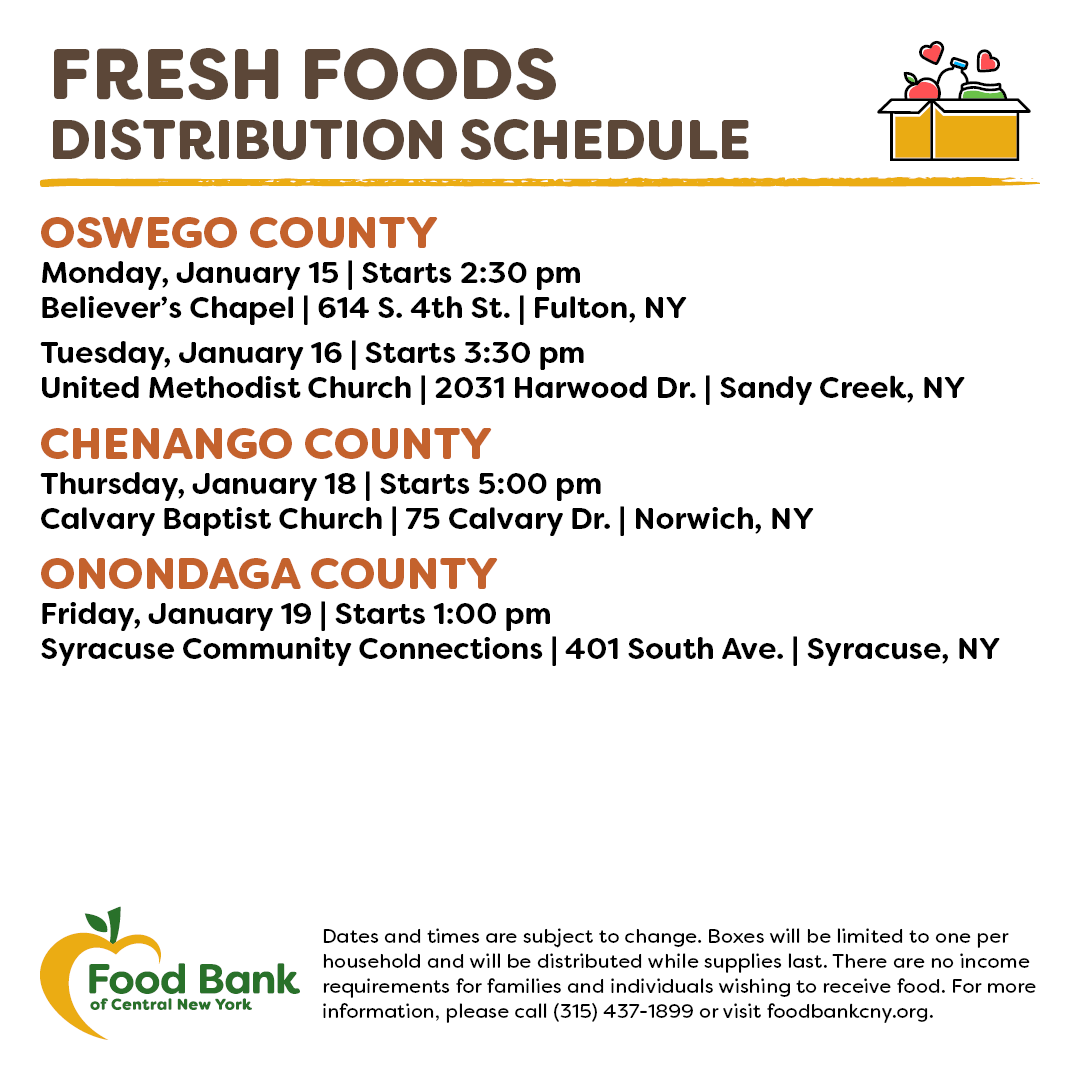 Are you or somebody you know in need of fresh food items at no cost? We're here to help! Here's this week's distribution schedule:⁠
⁠
🚛Mobile Food Pantry: #Parish, #Cato, and #Syracuse.
⁠
🍎: Food Bank partner agency distributions: #Fulton, #SandyCreek, #Norwich, & #Syracuse.