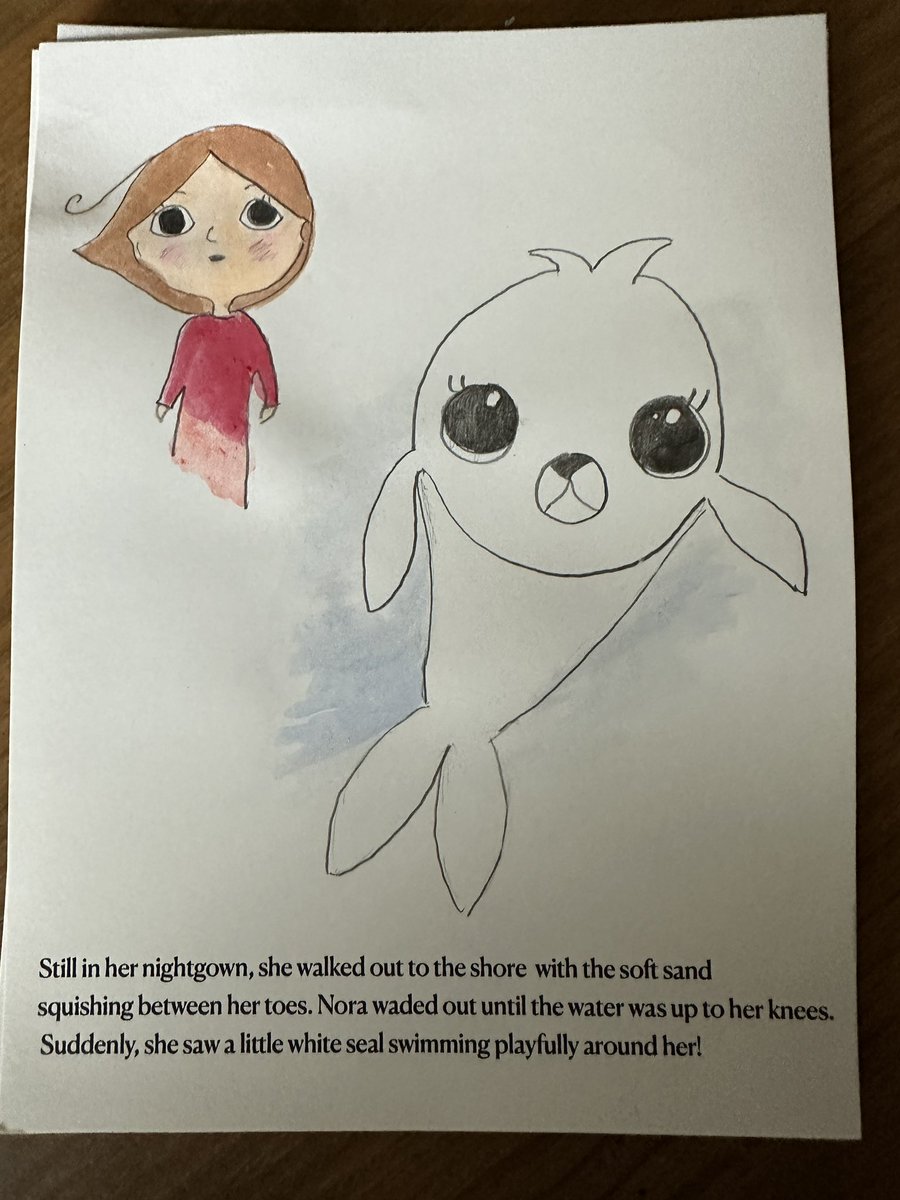 FoxCGrandpa's tweet photo. My daughters decided to make a book for their aunts first child which is being named Nora. The 11 year old wrote it and the 13 year old illustrated https://t.co/y5RNtuADms
