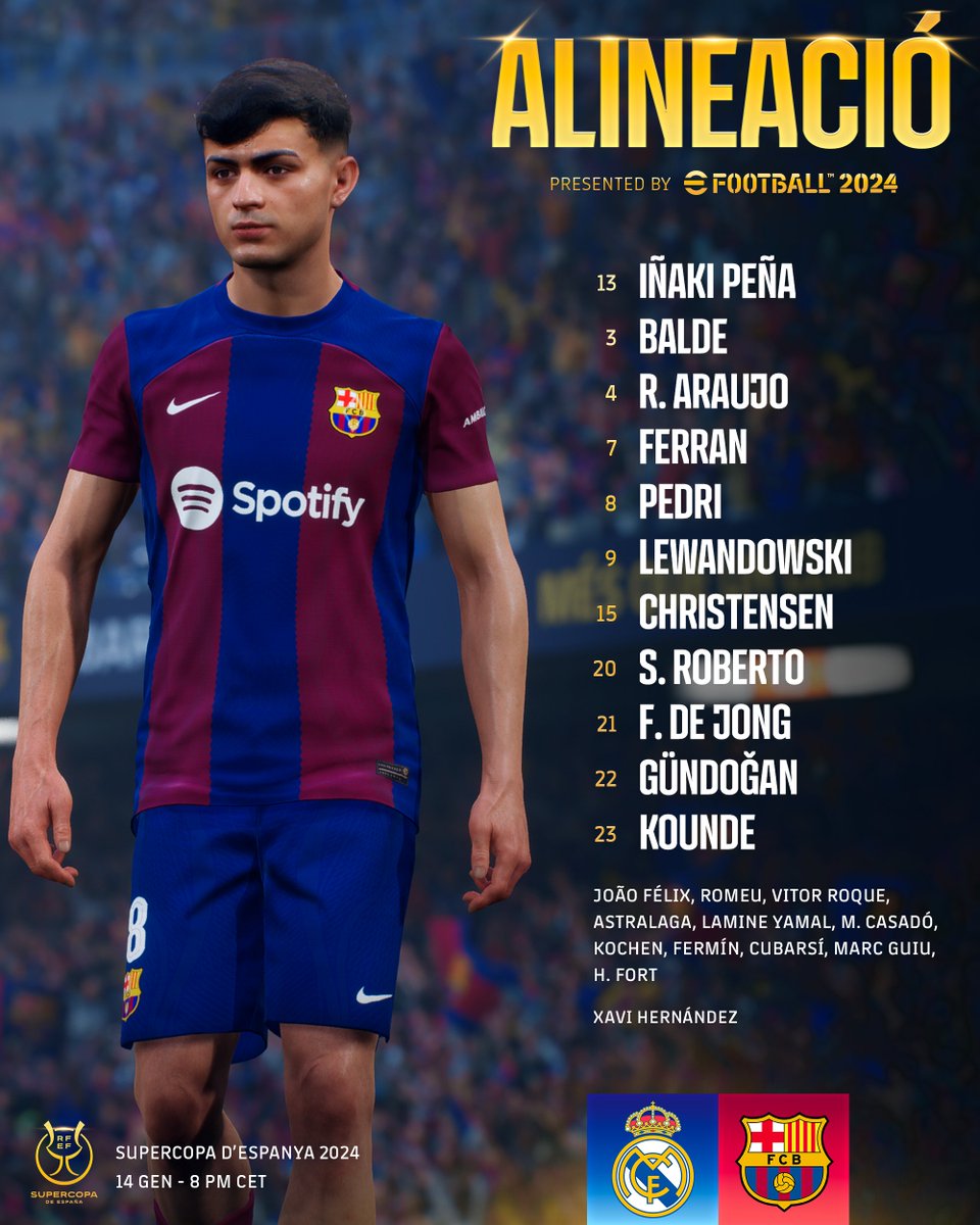 FCBarcelona's tweet photo. 🚨 BARÇA XI 🚨
Spanish Super Cup Final
#ElClásico https://t.co/nRKLujLLCR