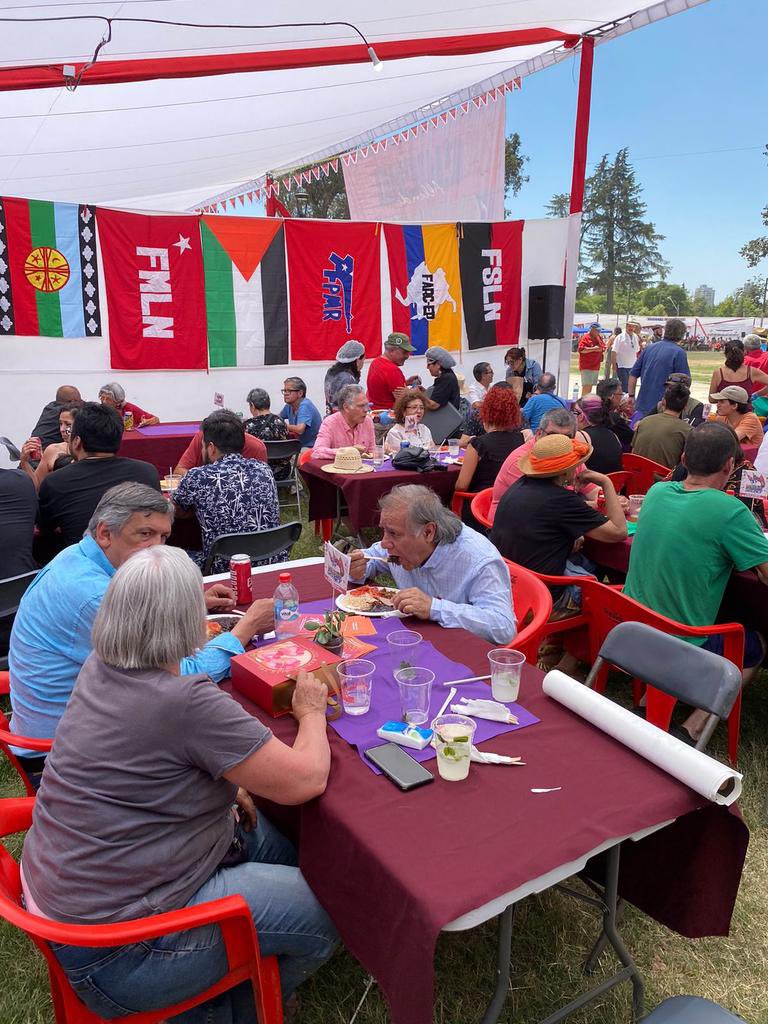 De derecha a izquierda mirando tu celular tenemos la bandera SANDINISTA, las FARC, la del FPMR, la FMLN del Salvador. Todas fueron guerrillas que asesinaron a miles de civiles, hoy convertidos en partidos afines al comunismo. 
Es la muerte celebrando la fiesta de los abrazos.!!
