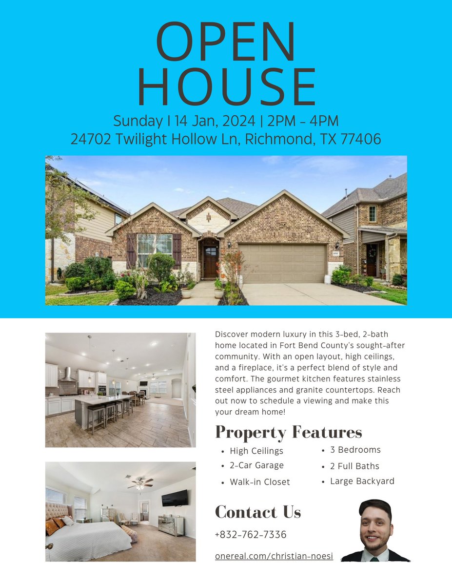 TheVerdeRealtor's tweet photo. 🏡✨ Explore modern luxury at our #OpenHouse on Jan 14, 24, 2-4 PM, 24702 Twilight Hollow Ln, Richmond, TX 77405. This 3-bed, 2-bath beauty features open layout, high ceilings, and a gourmet kitchen. Your #DreamHome awaits – DM me for a viewing! #TheVerdeRealtor #TheRealBrokerage https://t.co/rKPP1XsHa8